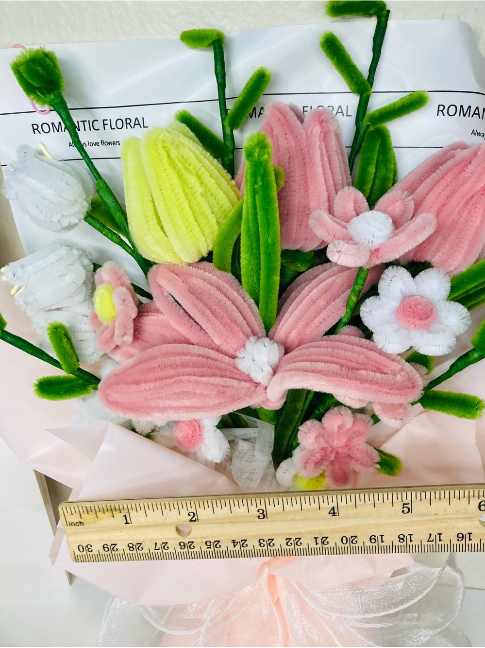 NEW‎ Handcrafted Pink & Yellow Faux Floral Bouquet Gift Set +bag +card +lights - Picture 5 of 6